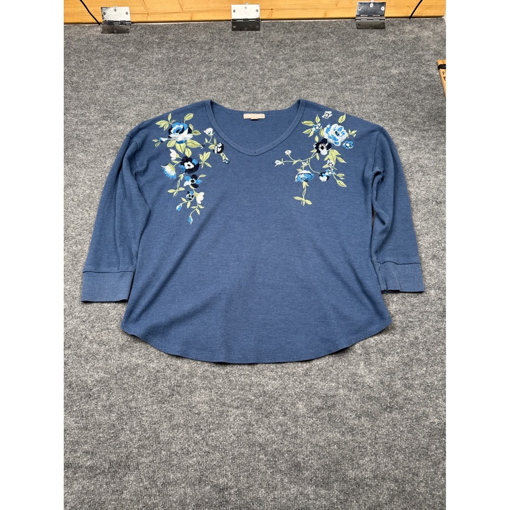 Woman Within Thermal Top Women‎ L 18/20 Blue Floral Embroidered V-Neck